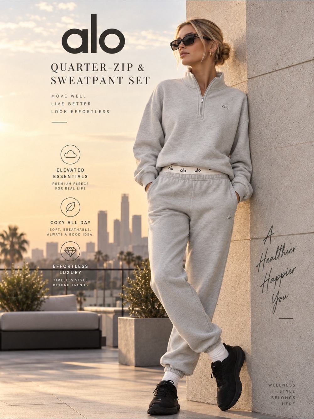Alo Yoga Accolade 1/4 Zip & Sweatpant Set Grey M NWT